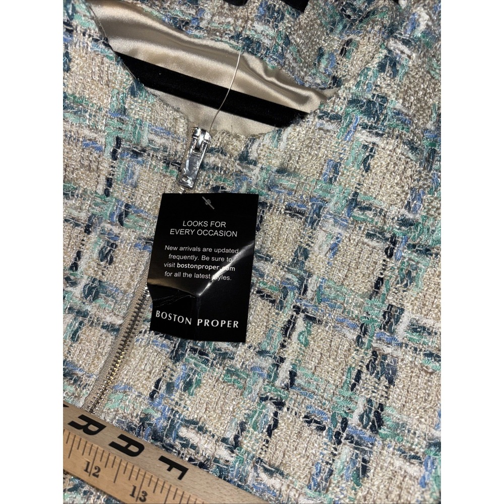 NWT Boston Proper XL Tweed Zip Bomber Lady Jacket Blue Green Cream Pockets - Picture 15 of 16